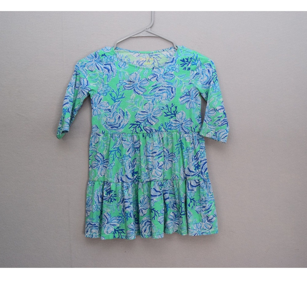 Lilly Pulitzer Dress M Green Blue Coral Print Tiered Knit Kids Girls Cabana
